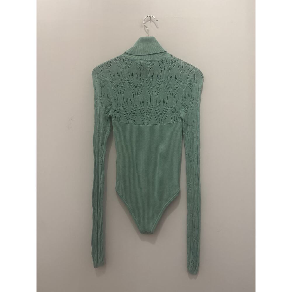 Free People Pretty in Pointelle Green Bodysuit Small Turtleneck Lace Crochet - Picture 5 of 5